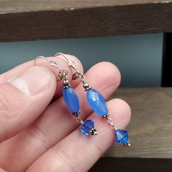 Sterling Silver Faceted Blue Glass And Crystal Long Earrings - Picture 2 of 4
